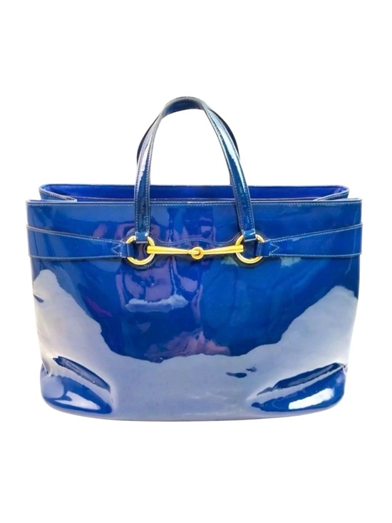 Gucci Handbags - Auth Gucci Medium Bright Bit Blue Patent Leather Tote Bag Horsebit Enamel Purse